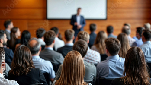 Rear view of audience at a conference hall, engaged in a business event, speaker presenting on stage, professional setting, networking opportunity, corporate environment, motivational talk