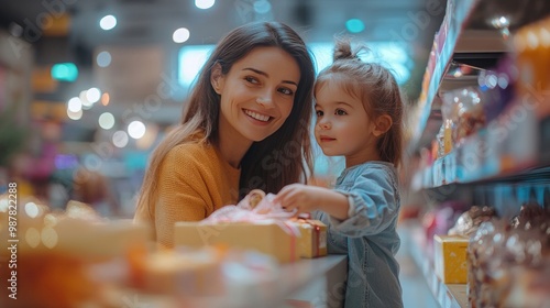 Happy Mother and Daughter Shopping Together in a Bright, Fun-Filled Store