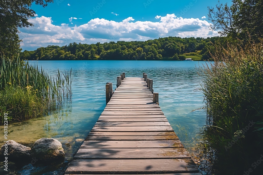 Obraz premium Wooden pier extending into tranquil lake with green forest and blue sky background