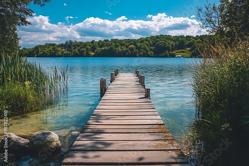 Wooden pier extending into tranquil lake with green forest and blue sky background