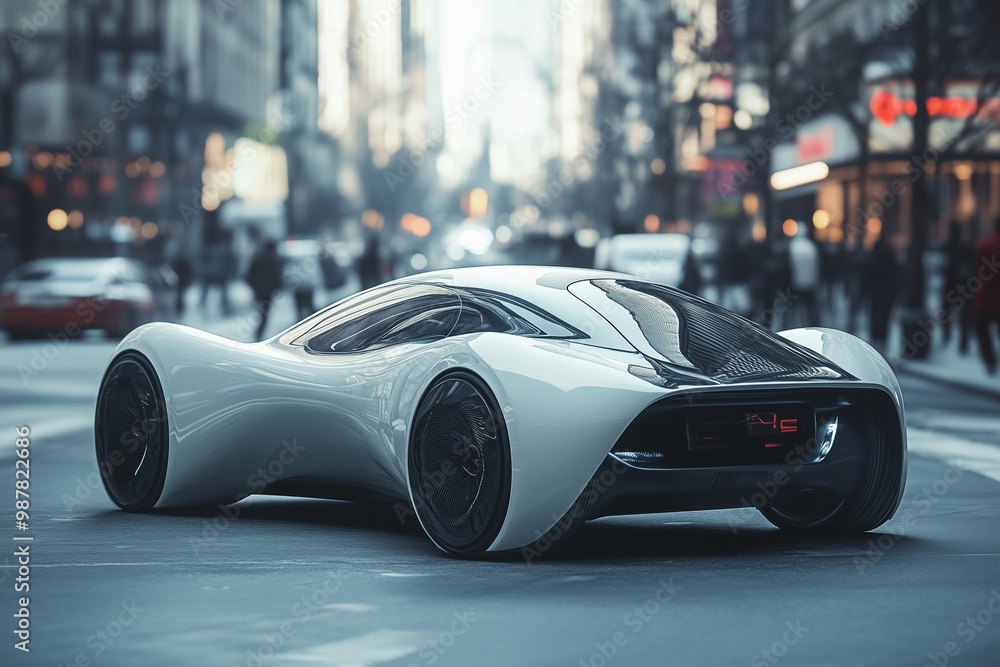 A sleek, futuristic vehicle cruising through a bustling urban landscape at twilight A sleek, futuristic vehicle cruising through a bustling urban landscape at twilight