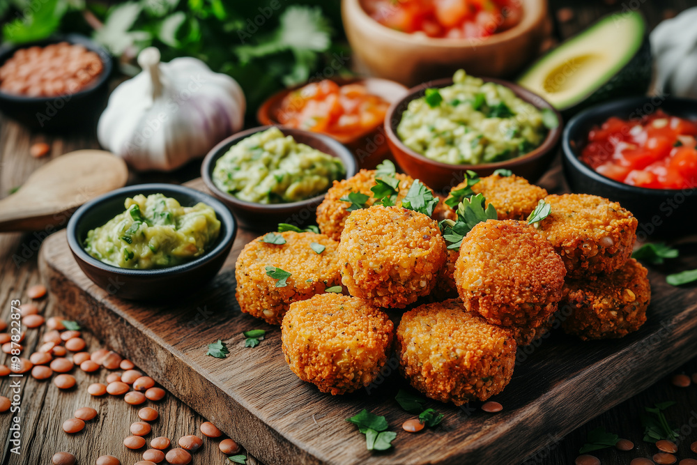 Deliciously crispy lentil nuggets served with fresh dips and vibrant toppings at a rustic table Deliciously crispy lentil nuggets served with fresh dips and vibrant toppings at a rustic table