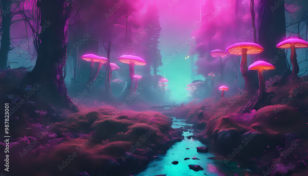 Obraz premium Mushrooms of different colors and sizes in the forest
