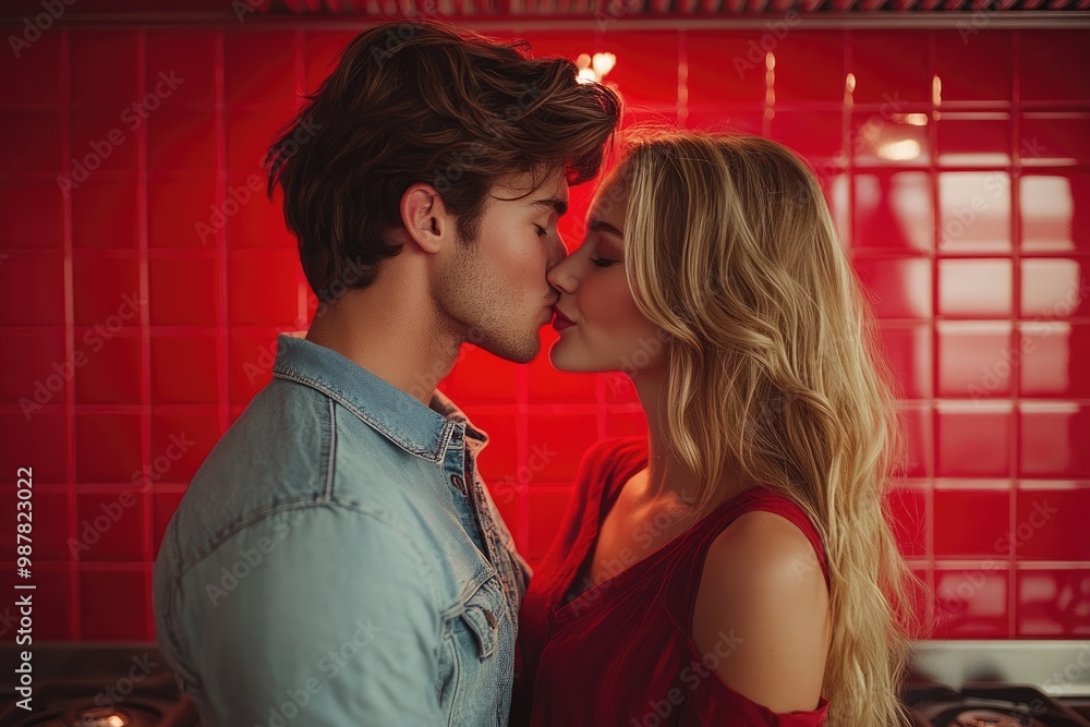 Naklejka premium Young couple in love kissing in a modern kitchen