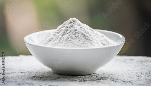 White zinc oxide powder in small bowl. Healthcare and medical supplement product. Chemistry photo