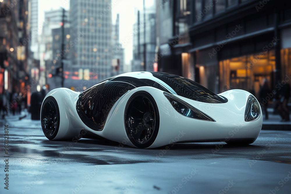 Innovative nomad exploring a futuristic cityscape in a sleek, modern vehicle during twilight hours Innovative nomad exploring a futuristic cityscape in a sleek, modern vehicle during twilight hours