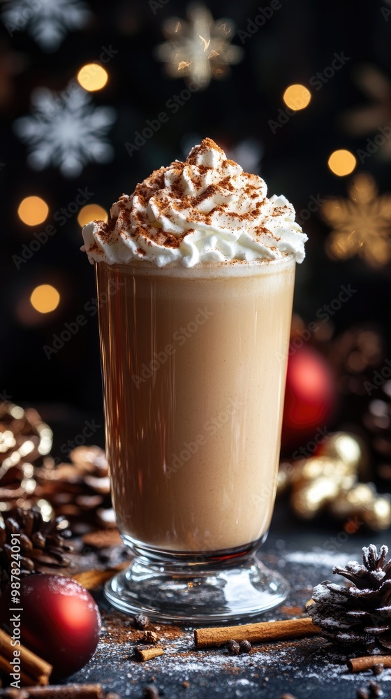 Festive Holiday Latte With Whipped Cream and Cinnamon in a Warm Christmas Setting Festive Holiday Latte With Whipped Cream and Cinnamon in a Warm Christmas Setting
