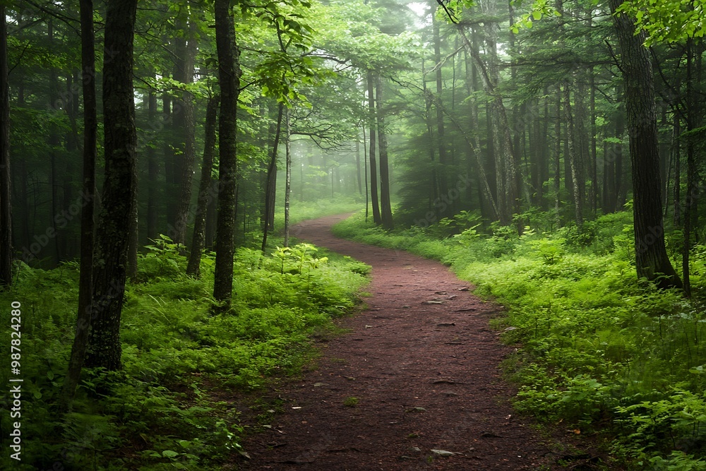 Obraz premium Path through a lush green forest with mist and sunlight