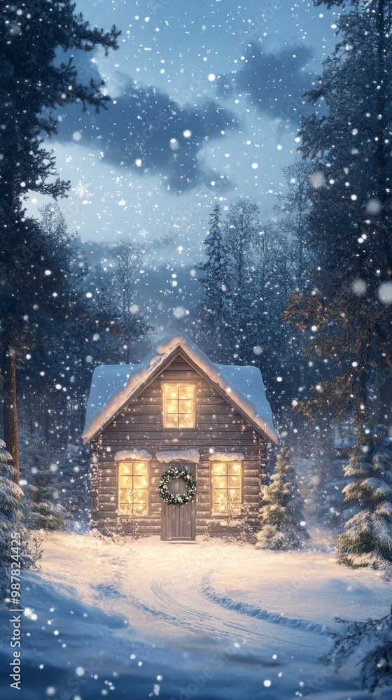 Snowy Forest Retreat: Captivating Christmas Night Scene Snowy Forest Retreat: Captivating Christmas Night Scene