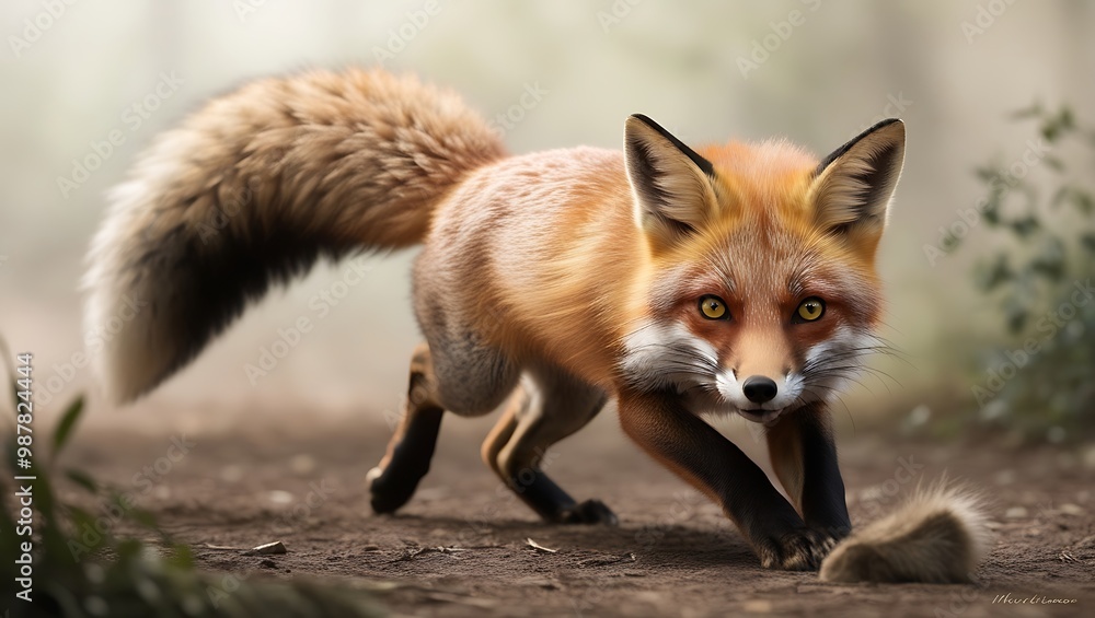 Fototapeta premium This stunning photograph captures the exhilarating moment of a wild fox pouncing on hidden prey, showcasing its remarkable agility and focus. The fox is caught mid-air, with its body arched and eyes i