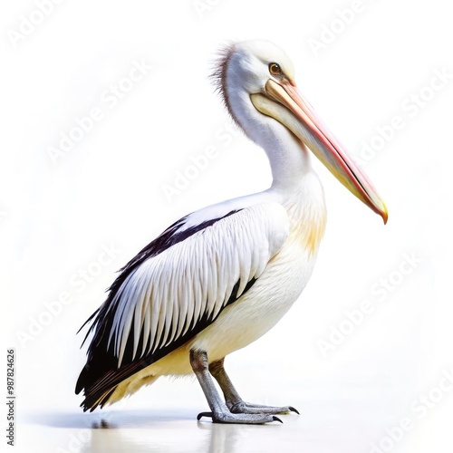 Pelican isolated on a white background showcasing its distinctive features. Generative AI