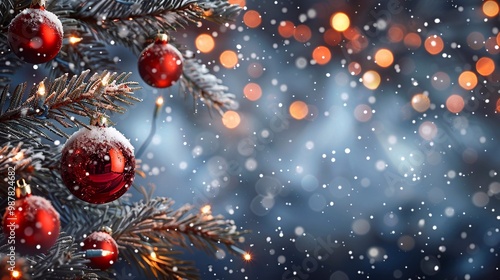 Christmas bright balls with snow and garland lights on a background of pine branches, Christmas and New Year, holiday card, text greeting, banner