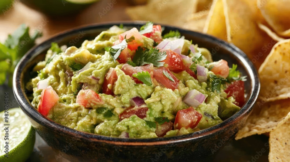 A bowl of guacamole topped with tomatoes and cilantro, served with tortilla chips. A bowl of guacamole topped with tomatoes and cilantro, served with tortilla chips.