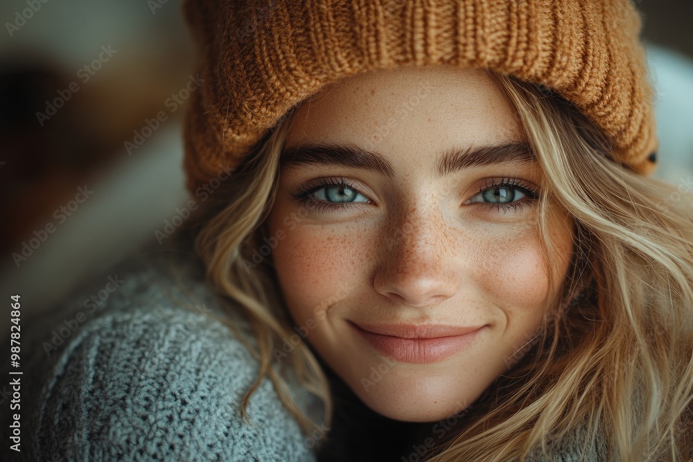 Beautiful woman with freckles smiling wearing knitted beanie Beautiful woman with freckles smiling wearing knitted beanie