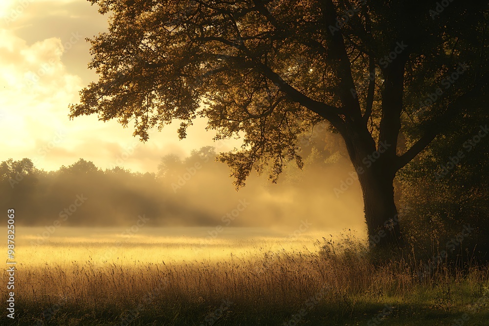 Silhouette of tree in golden morning light with fog, field and forest in background Silhouette of tree in golden morning light with fog, field and forest in background