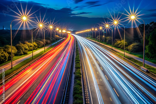 A highway with a long line of cars and a bright sky. The sky is filled with stars and the lights of the cars are shining brightly. Scene is one of excitement and energy