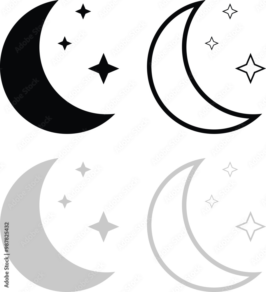 Title: Moon with Stars icon set. Sparkle Icon Set of Moon and Star. Different types of Moon stars, constellations, galaxies. Vector Illustration isolated. Title: Moon with Stars icon set. Sparkle Icon Set of Moon and Star. Different types of Moon stars, constellations, galaxies. Vector Illustration isolated.