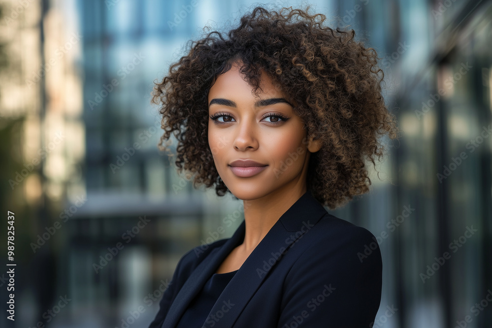 A confident Black businesswoman smiling in a modern urban setting during golden hour A confident Black businesswoman smiling in a modern urban setting during golden hour