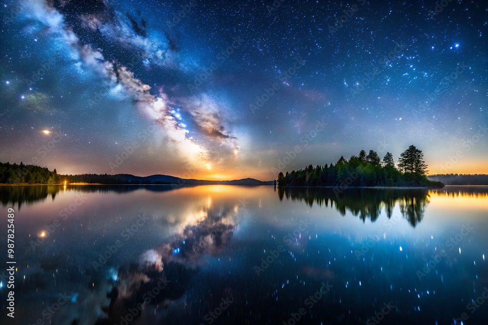 A beautiful night sky with a large moon and stars. The sky is filled with a milky white color, which is a sign of a clear night. The stars are scattered all over the sky, creating a serene A beautiful night sky with a large moon and stars. The sky is filled with a milky white color, which is a sign of a clear night. The stars are scattered all over the sky, creating a serene