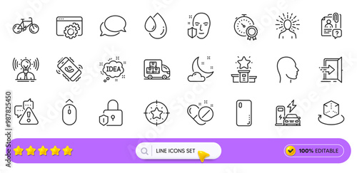 Oil drop, Seo gear and Brand line icons for web app. Pack of Call center, Yoga, Winner podium pictogram icons. Charging station, Augmented reality, Delivery truck signs. Warning, Bicycle. Vector