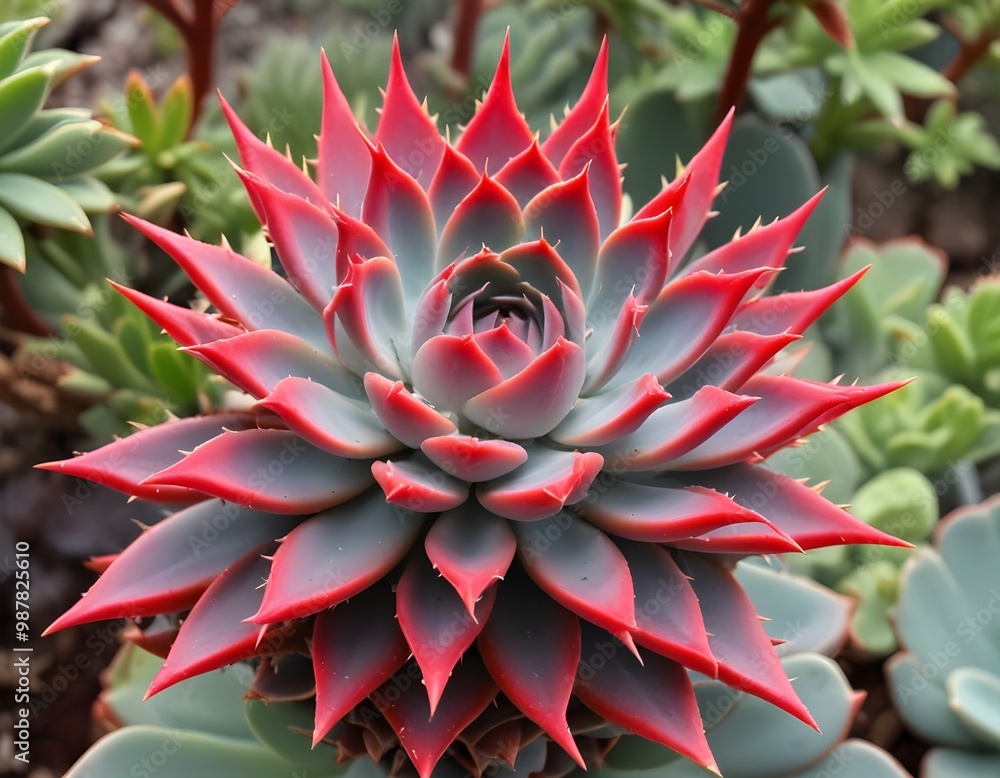 Vibrant red succulent with spiky leaves on a branch Vibrant red succulent with spiky leaves on a branch