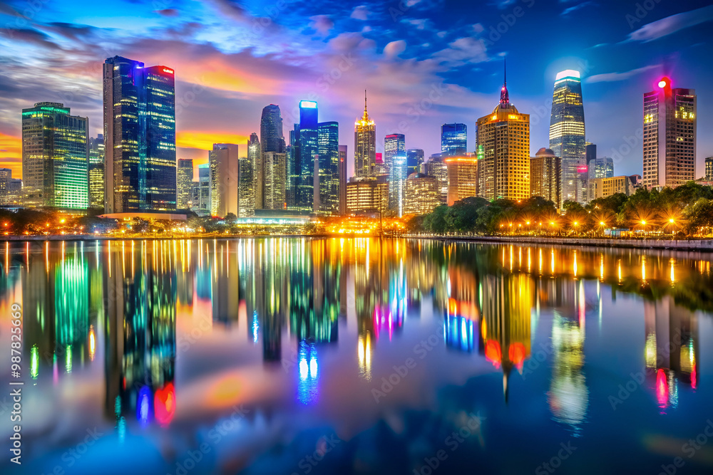 Obraz premium A city skyline is reflected in a body of water. The city is lit up at night, creating a beautiful and serene atmosphere