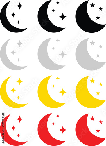 Moon with Stars icon set. Sparkle Icon Set of Moon and Star. Different types of Moon stars, constellations, galaxies. Vector Illustration isolated.