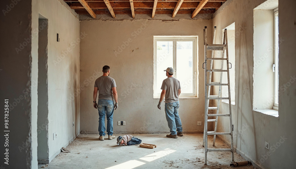 Construction site view with workers installing plasterboard, showcasing progress in apartment renovation.
Construction site view with workers installing plasterboard, showcasing progress in apartment renovation.