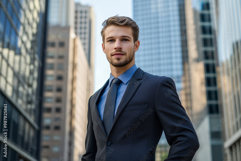 A poised businessman in sharp suit stands confidently in a bustling urban setting at midday A poised businessman in sharp suit stands confidently in a bustling urban setting at midday