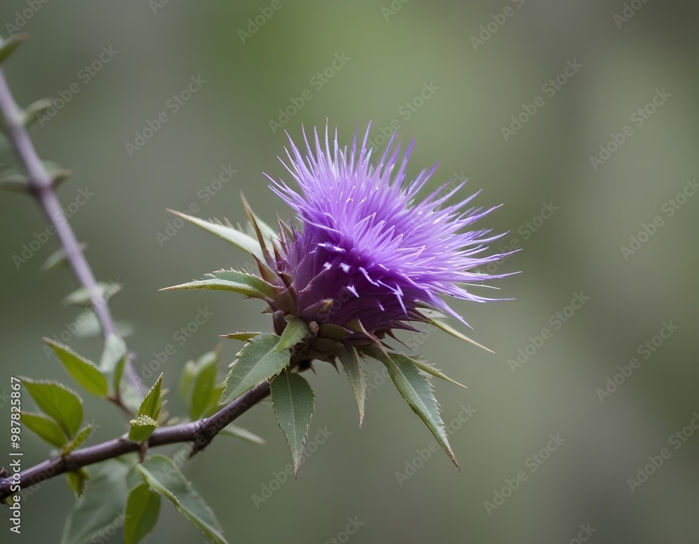Delicate purple flower with spiky leaves on a branch Delicate purple flower with spiky leaves on a branch