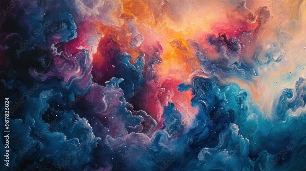 Abstract Painting of Swirling Colors and Galaxies