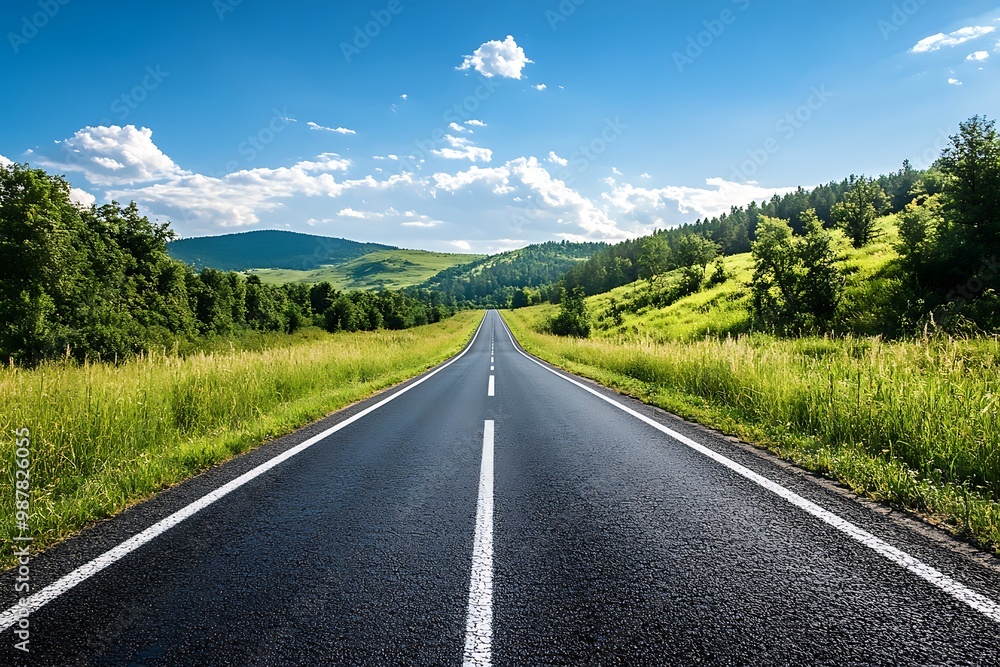 Fototapeta premium Empty asphalt road leading through grassy fields to mountains under a blue sky with white clouds