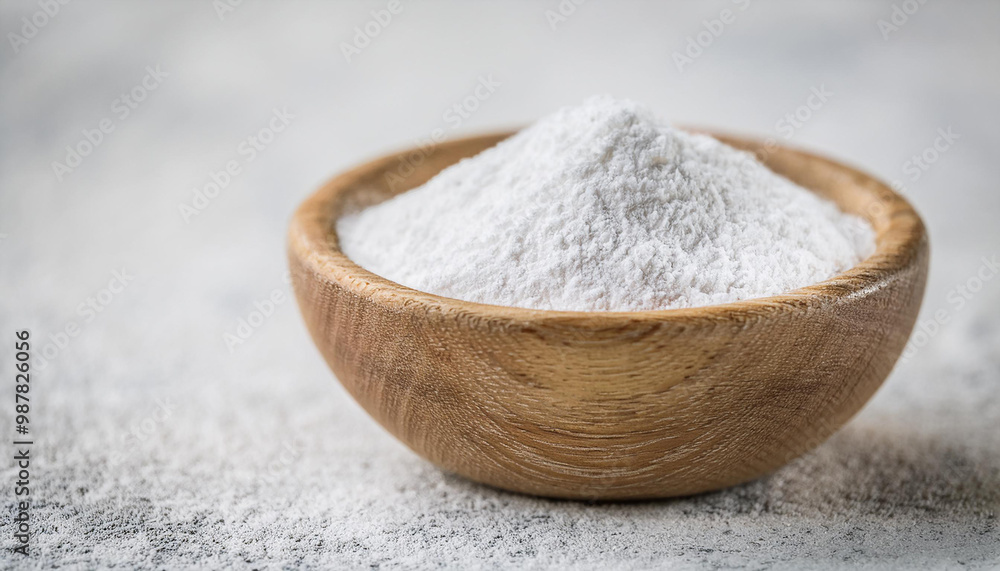 White zinc oxide powder in small wooden bowl. Healthcare and medical supplement product. White zinc oxide powder in small wooden bowl. Healthcare and medical supplement product.