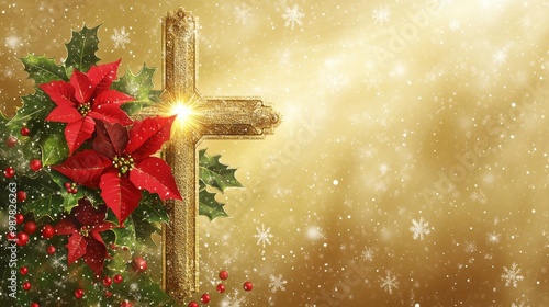 Church Christmas Banner Design with Cross, Poinsettias, and Soft Snowflakes
