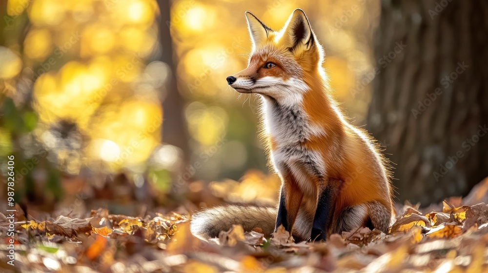 Obraz premium A red fox sits gracefully among autumn leaves in a serene forest setting.
