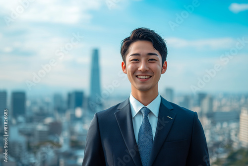 A young Japanese businessman smiles confidently against a vibrant city skyline on a bright day