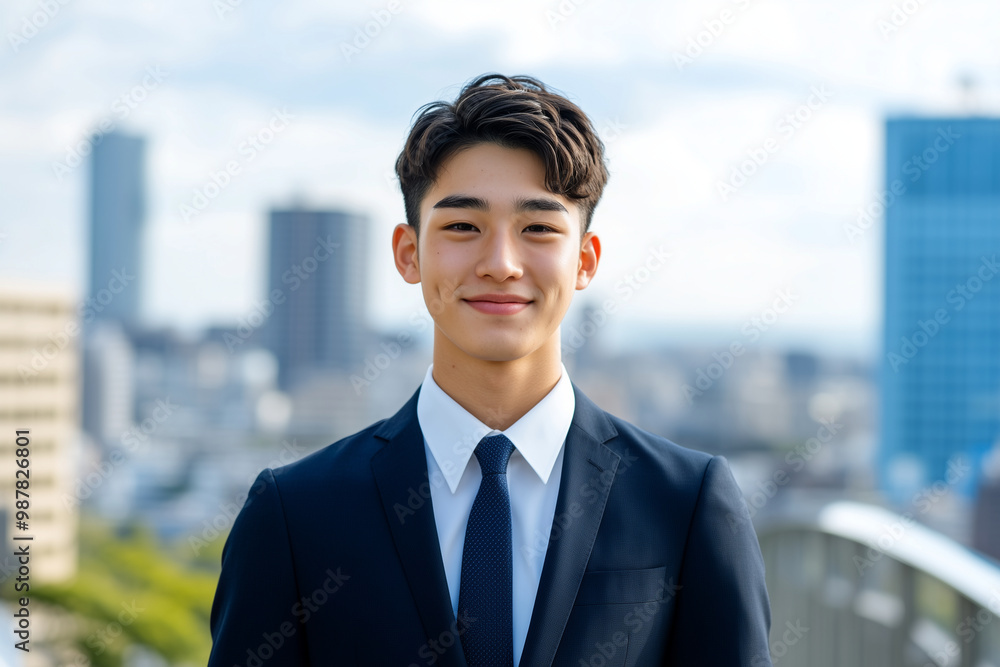 A young Japanese businessman in a suit smiles confidently against a bustling urban skyline A young Japanese businessman in a suit smiles confidently against a bustling urban skyline
