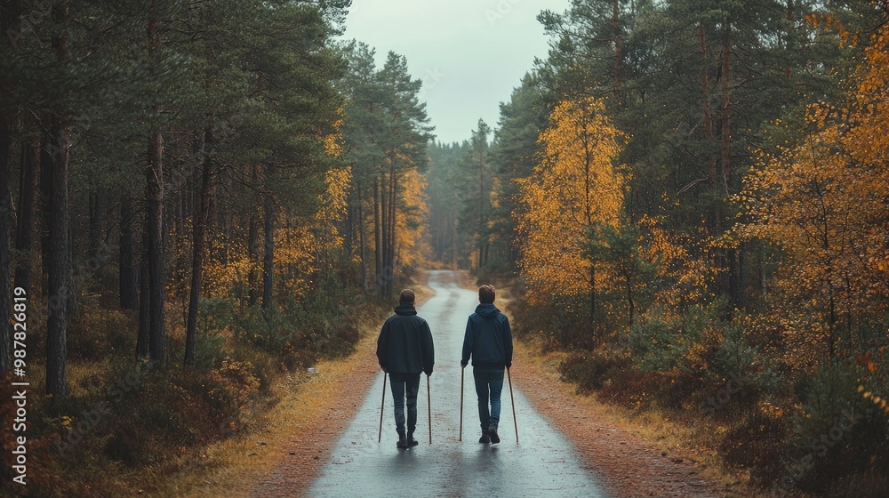 Two hikers walking down forest road in autumn Two hikers walking down forest road in autumn