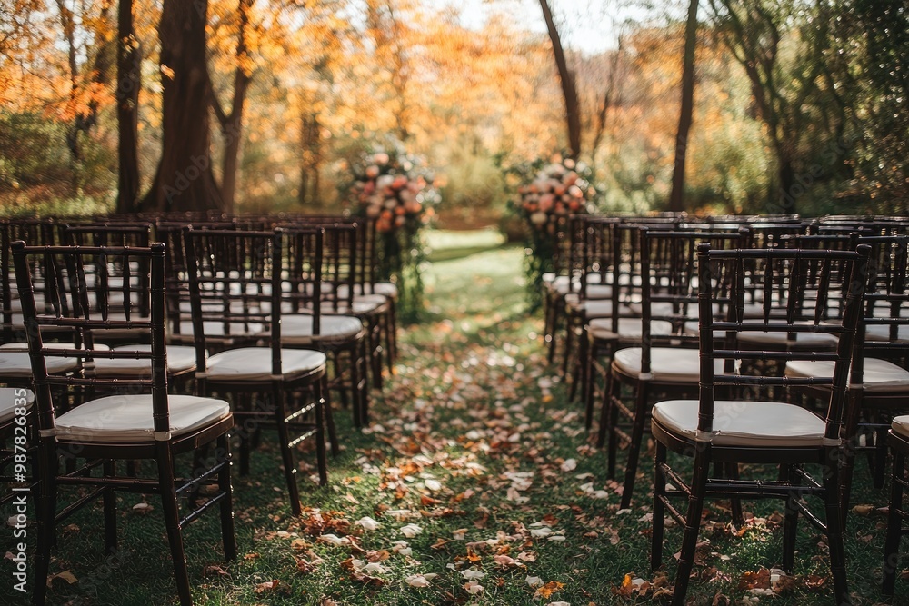 Wedding ceremony chairs standing on grass with autumn leaves Wedding ceremony chairs standing on grass with autumn leaves