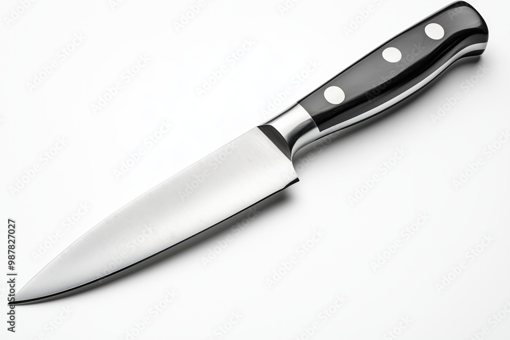 Elegant European kitchen chef knife glimmers on a pristine white background Elegant European kitchen chef knife glimmers on a pristine white background