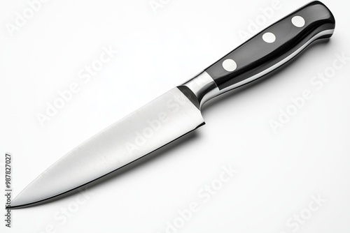 Elegant European kitchen chef knife glimmers on a pristine white background