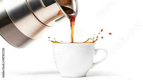 Coffee pouring from a coffee maker into a white cup.