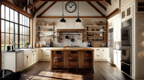 Modern Farmhouse Kitchen with White Cabinets, a Large Island, and a Black Double Oven photo