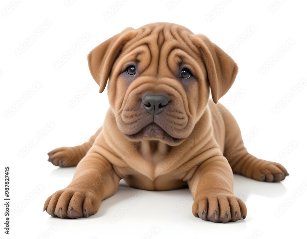 A young Shar Pei puppy with wrinkly skin and a cute expression, lying on a white background A young Shar Pei puppy with wrinkly skin and a cute expression, lying on a white background