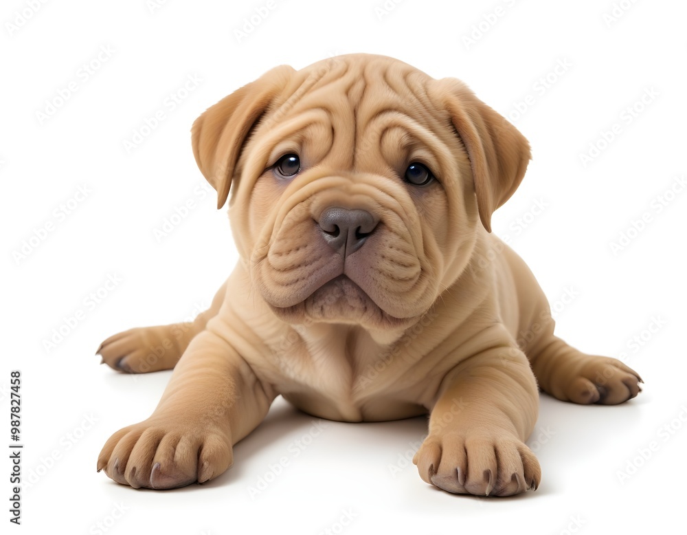 A young Shar Pei puppy with wrinkly skin and a cute expression, lying on a white background A young Shar Pei puppy with wrinkly skin and a cute expression, lying on a white background