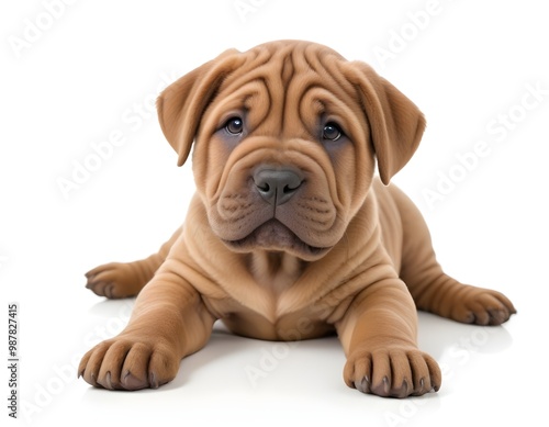 A young Shar Pei puppy with wrinkly skin and a cute expression, lying on a white background