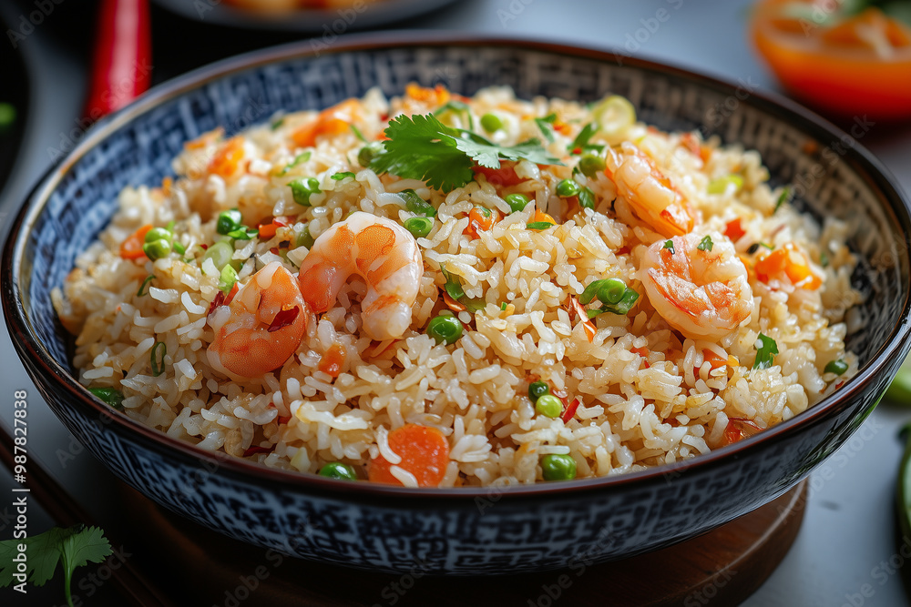 Deliciously vibrant shrimp fried rice served in an elegant bowl garnished with fresh herbs Deliciously vibrant shrimp fried rice served in an elegant bowl garnished with fresh herbs