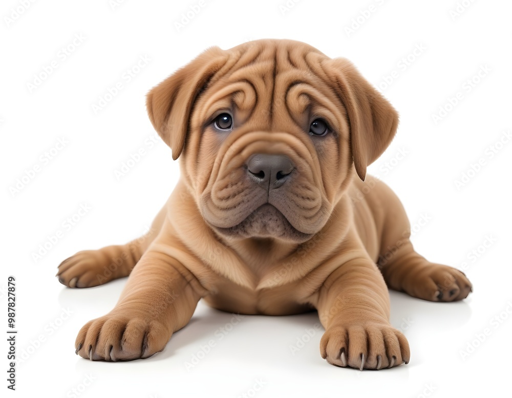 A young Shar Pei puppy with wrinkly skin and a cute expression, lying on a white background A young Shar Pei puppy with wrinkly skin and a cute expression, lying on a white background