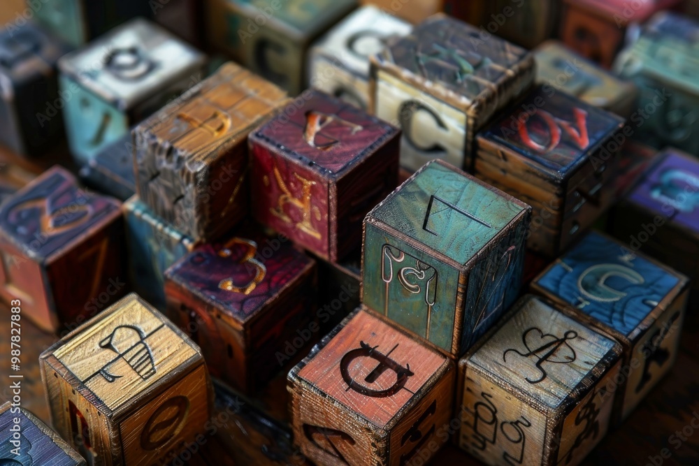 Obraz premium Pile of multicolored wooden alphabet blocks is laying on a wooden surface, forming random letters and numbers