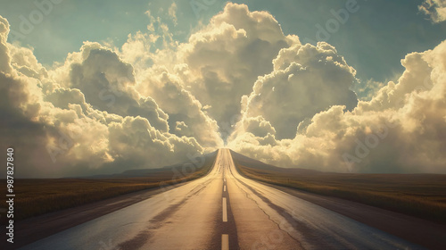 dramatic road leading towards heaven with cloudy sky - hope, journey, faith, aspiration, freedom, motivation, road trip, travel, road, highway, clouds, sky, nature, landscape photo